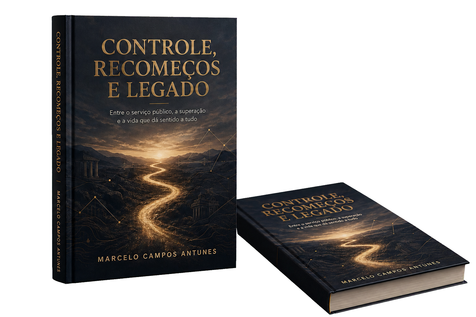 Mockup conceitual do livro Controle, Recomeços e Legado, de Marcelo Campos Antunes, com dois exemplares em fundo transparente